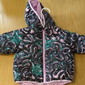 Adidas Black and Pink Puffer Jacket with Hood